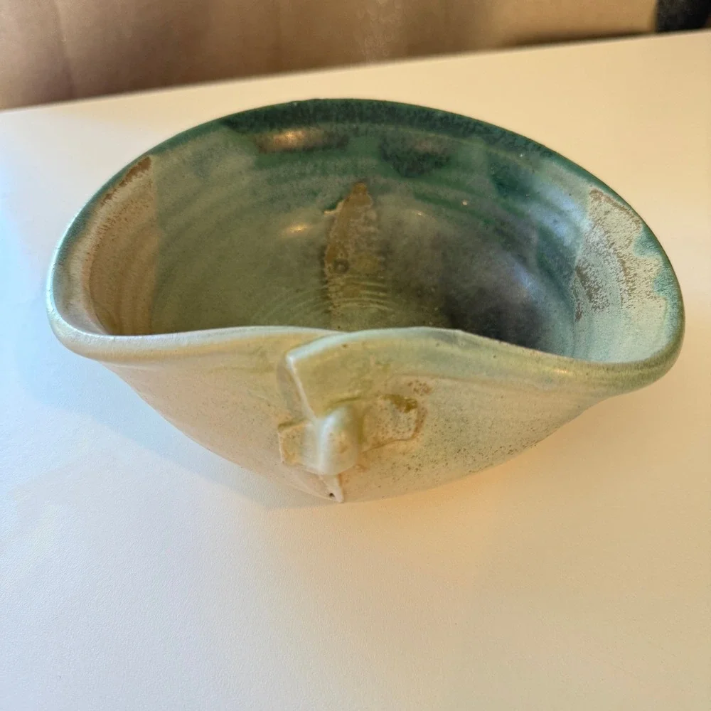 Signed Studio Pottery Handcrafted Green Tan Glazed Organic Folded Rim Bowl